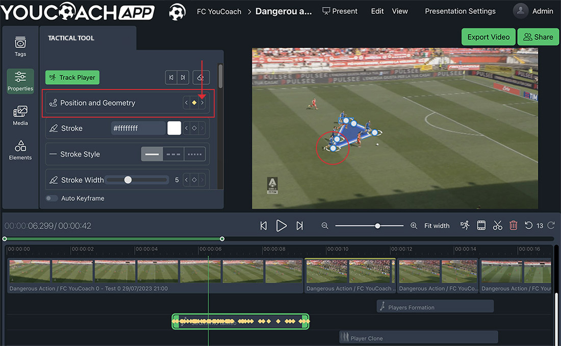 YouCoachApp Video Analysis: move from keyframe to keyframe to position tactical elements