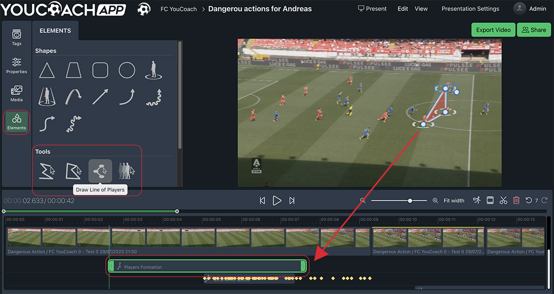 YouCoachApp Video Analysis: each element you add appears on the timeline