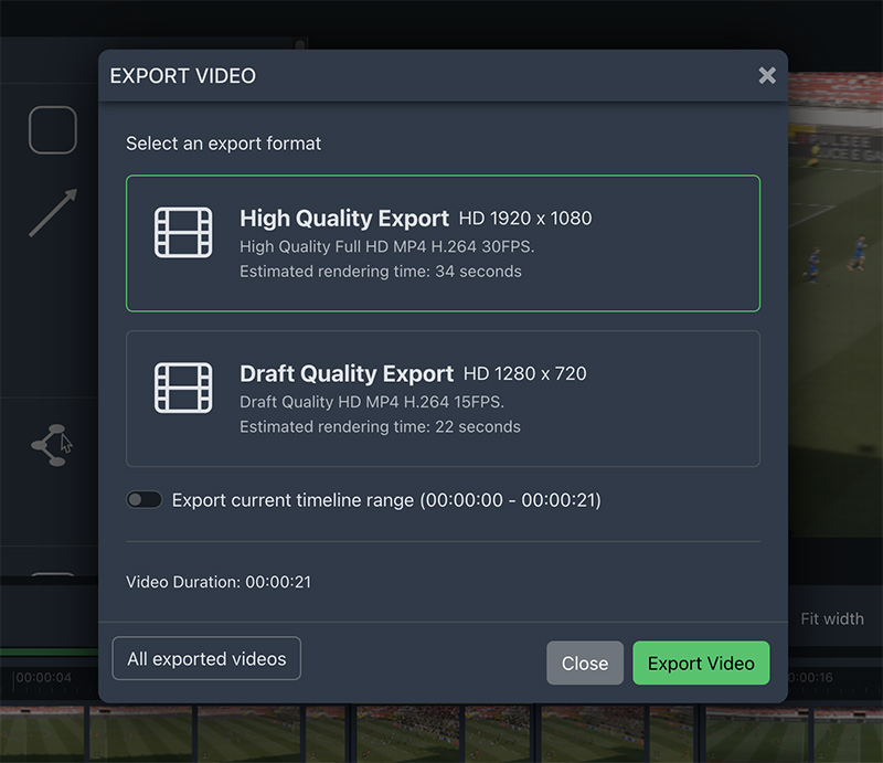 Export the video and choose its quality