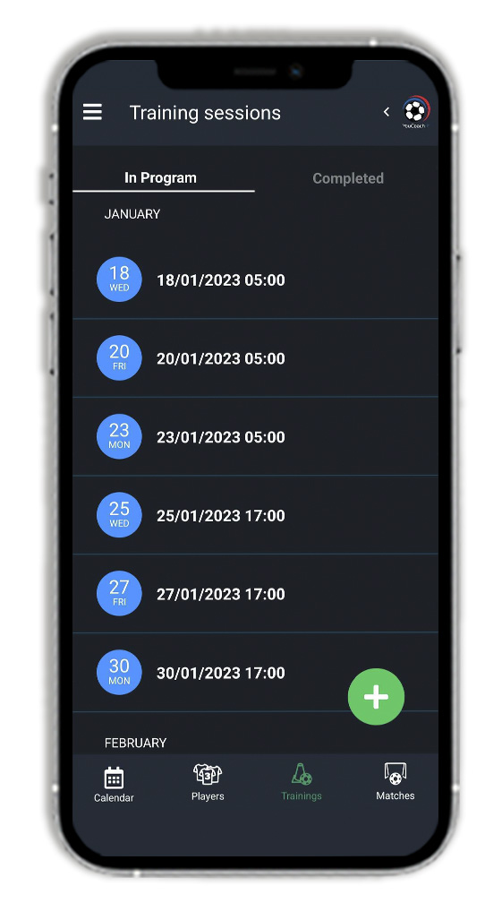 Training session list YouCoachApp